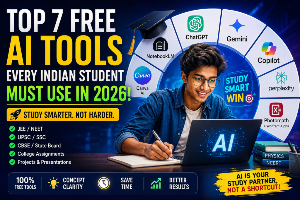 Indian student using AI tools like ChatGPT, Gemini, Copilot, NotebookLM and Canva AI for smarter study and exam preparation in 2026