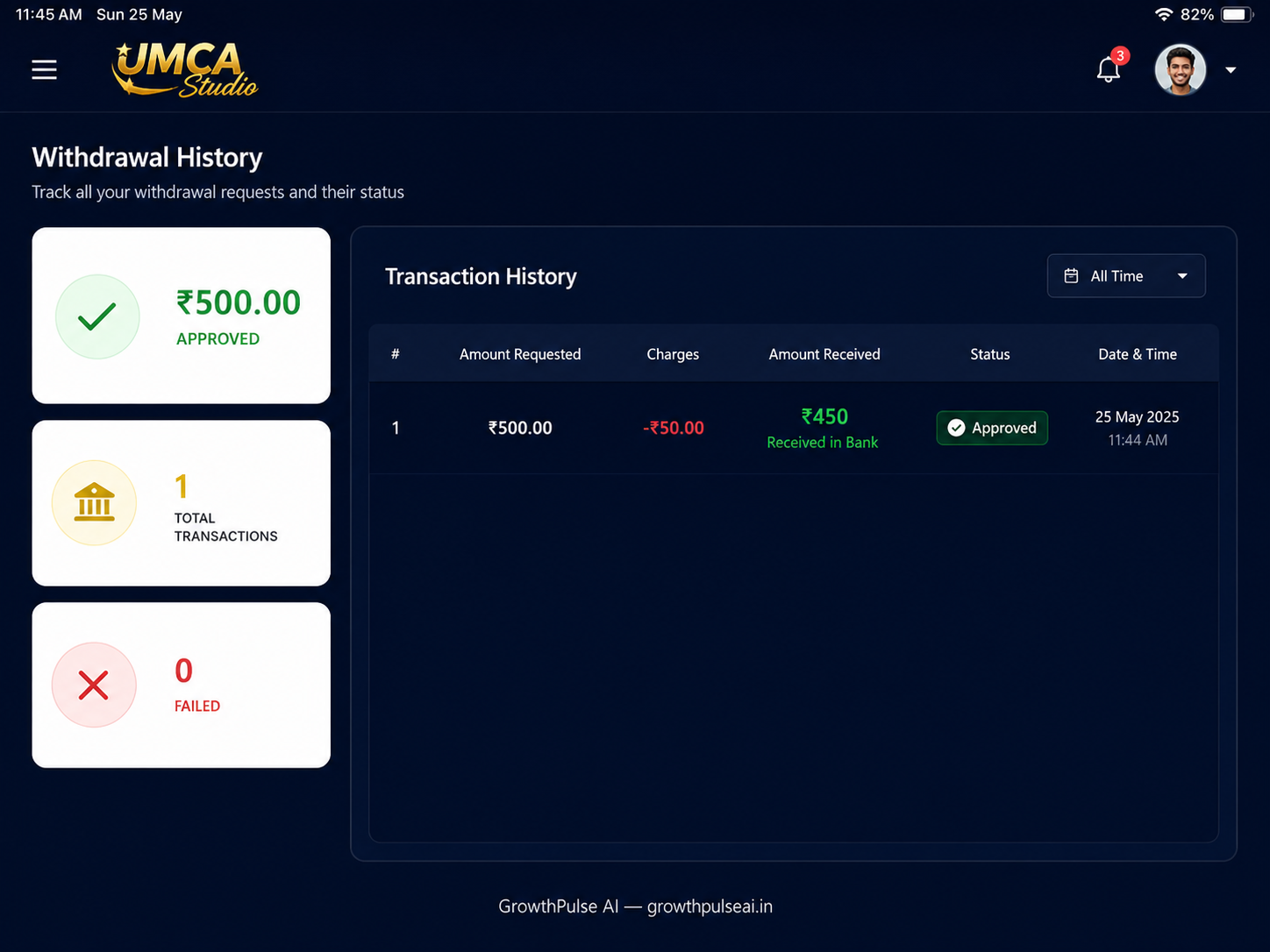 UMCA Studio withdrawal proof — ₹500 bank में received real payment screenshot 2026 GrowthPulse AI
