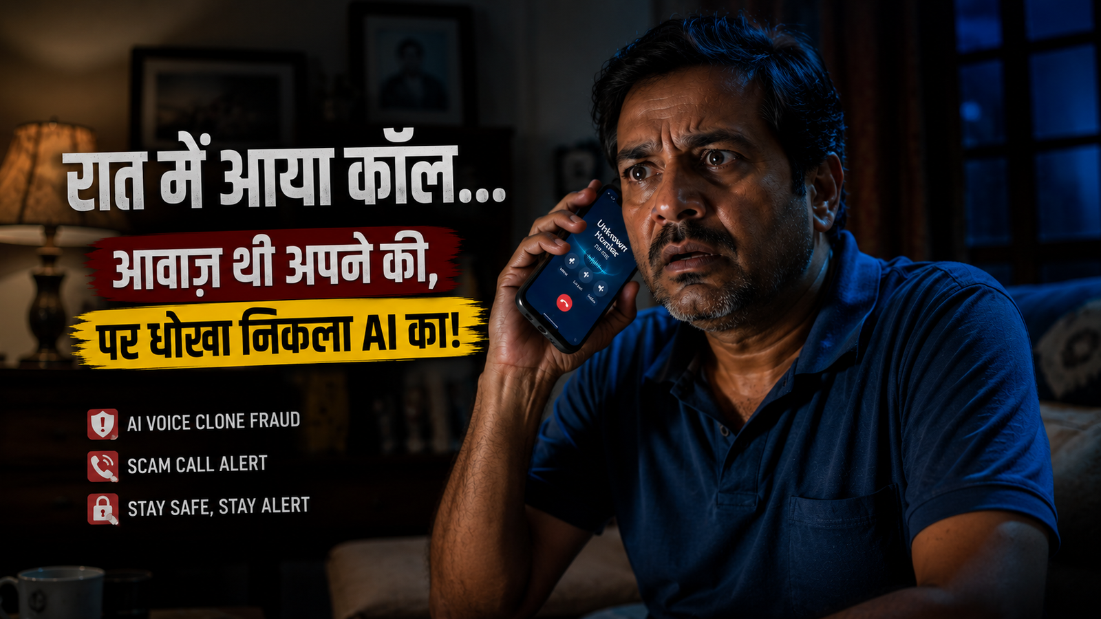 Rat mein phone par scam call receive karta pareshan Indian aadmi - AI voice clone fraud India