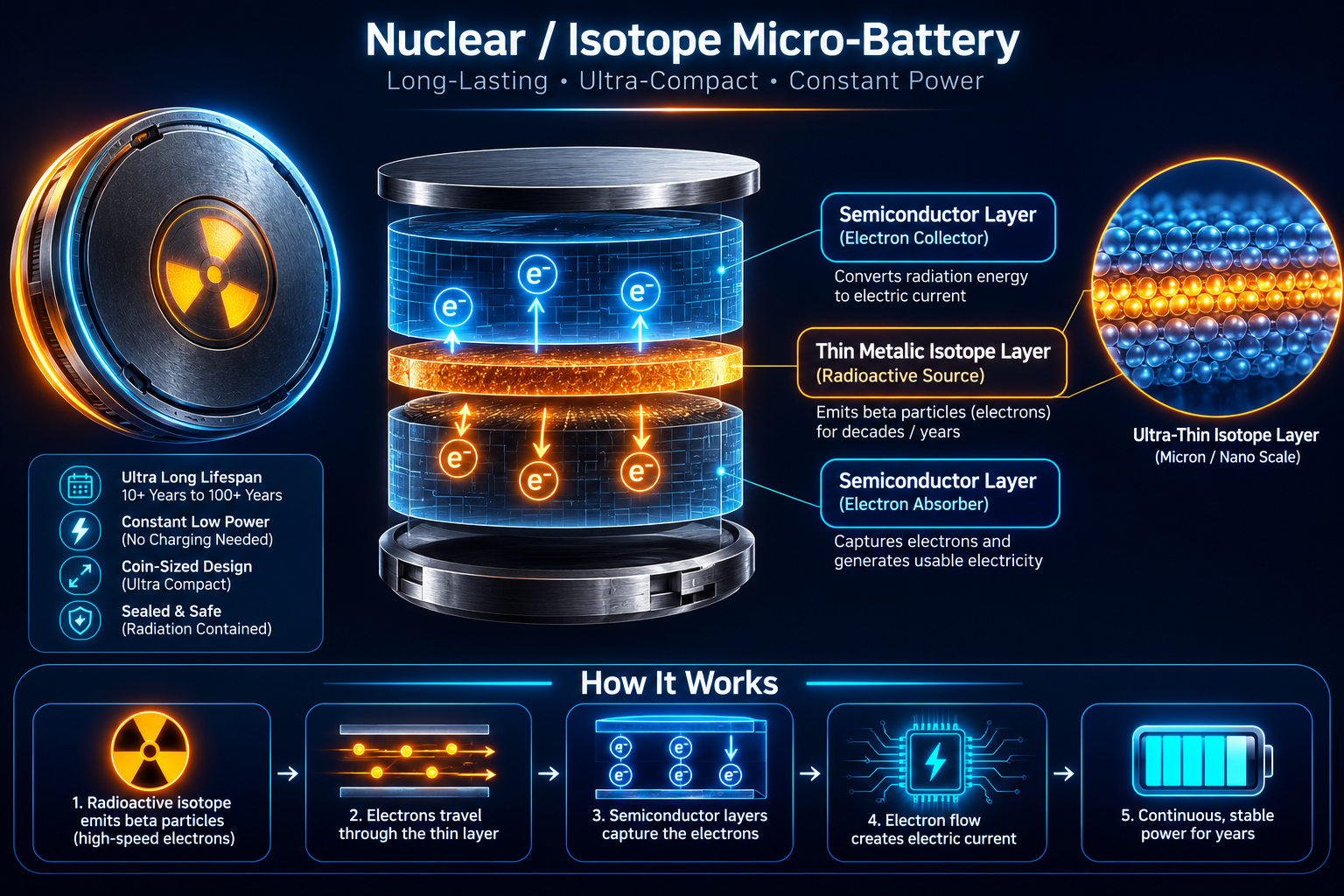 Betavolt BV100 nuclear battery ka internal diagram - Nickel-63 layer aur diamond semiconductor
