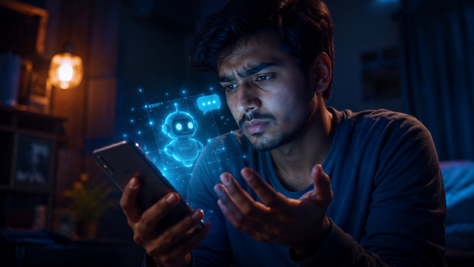 Claude AI चैट इंटरफेस देखता हुआ भ्रमित भारतीय युवक देर रात मोबाइल पर