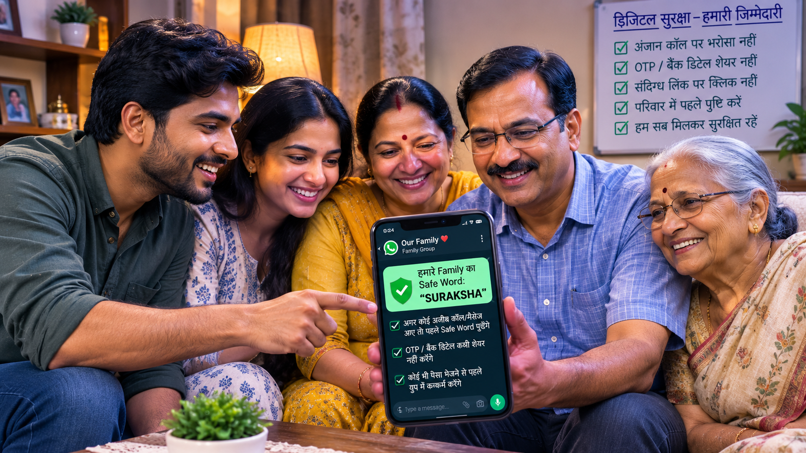 Indian family WhatsApp group mein safe word decide karte hue, digital safety