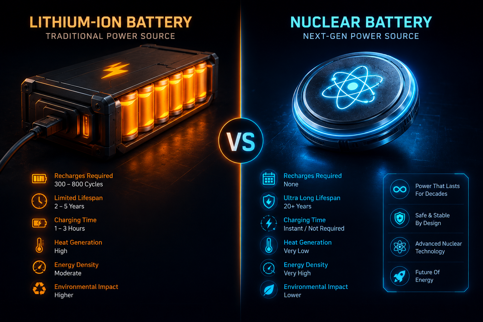 Lithium-ion battery aur nuclear battery ka visual comparison