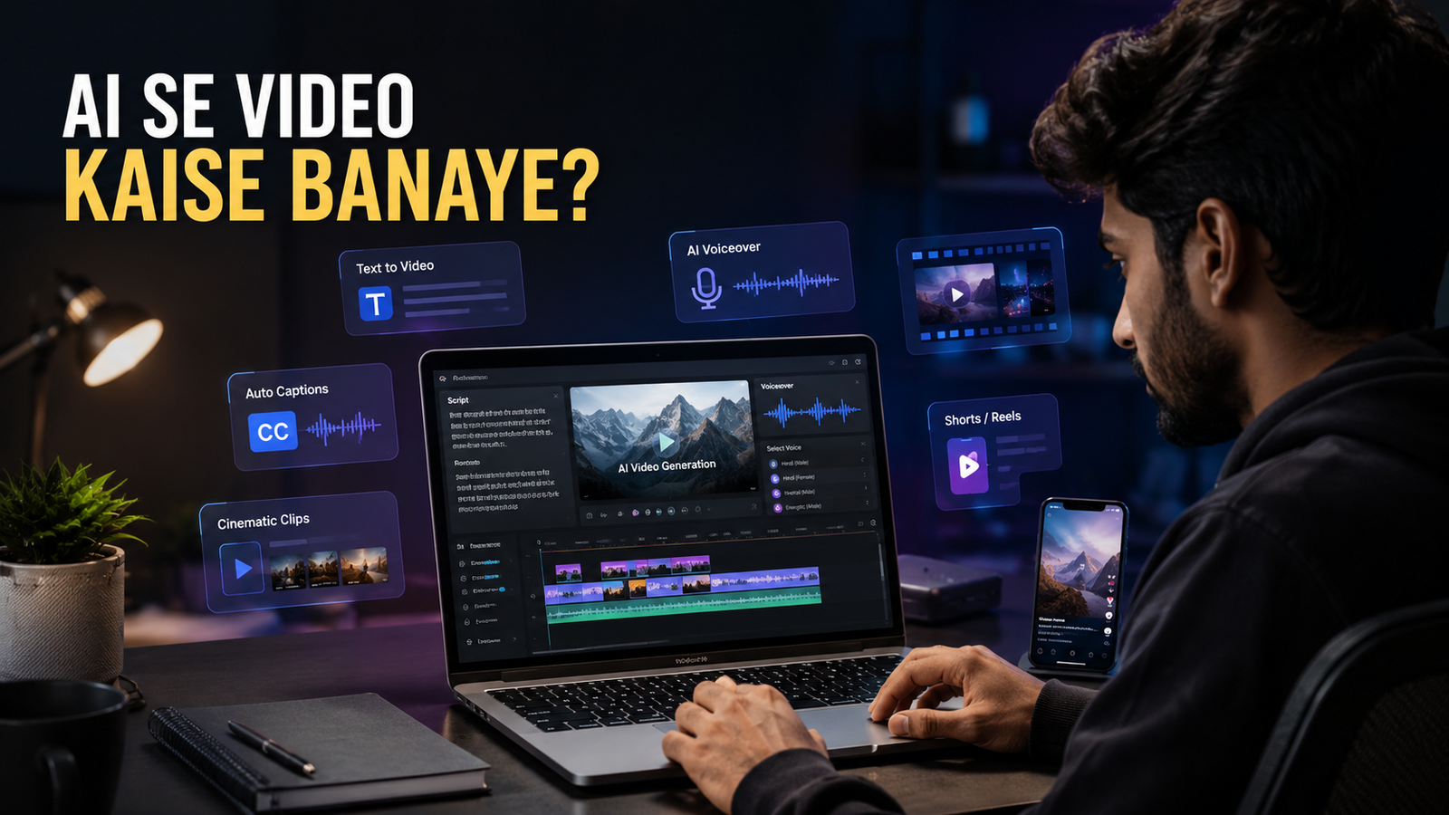 AI se video kaise banaye: text to video, AI voiceover, captions, cinematic clips and Shorts workflow