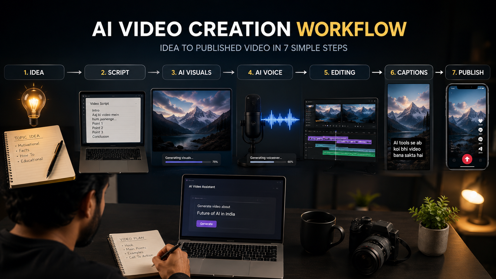 AI video creation studio showing script, AI visuals, voiceover and video editing workflow