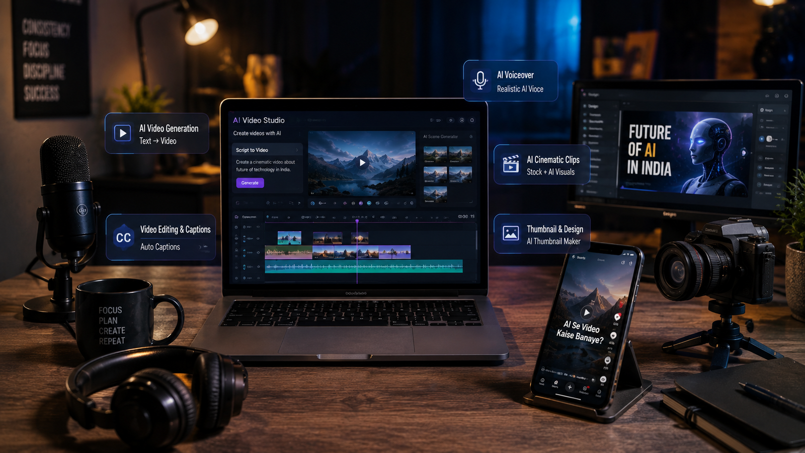 AI video creation workflow: idea, script, visuals, voice, editing, captions and publishing