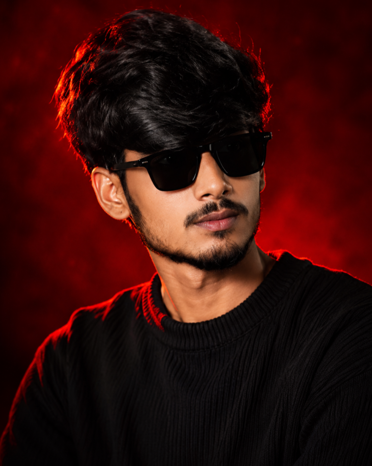 Cinematic Red Portrait with Black Sunglasses — AI photo prompt example