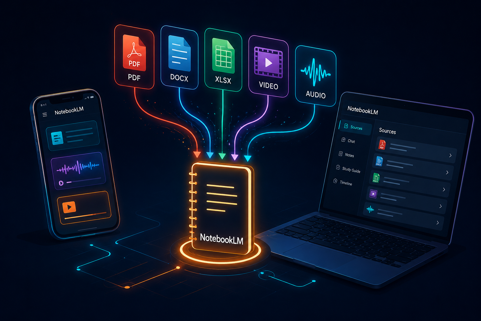 Gemini Notebook PDF, YouTube, Website aur Audio Sources ko analyse karta hua illustration