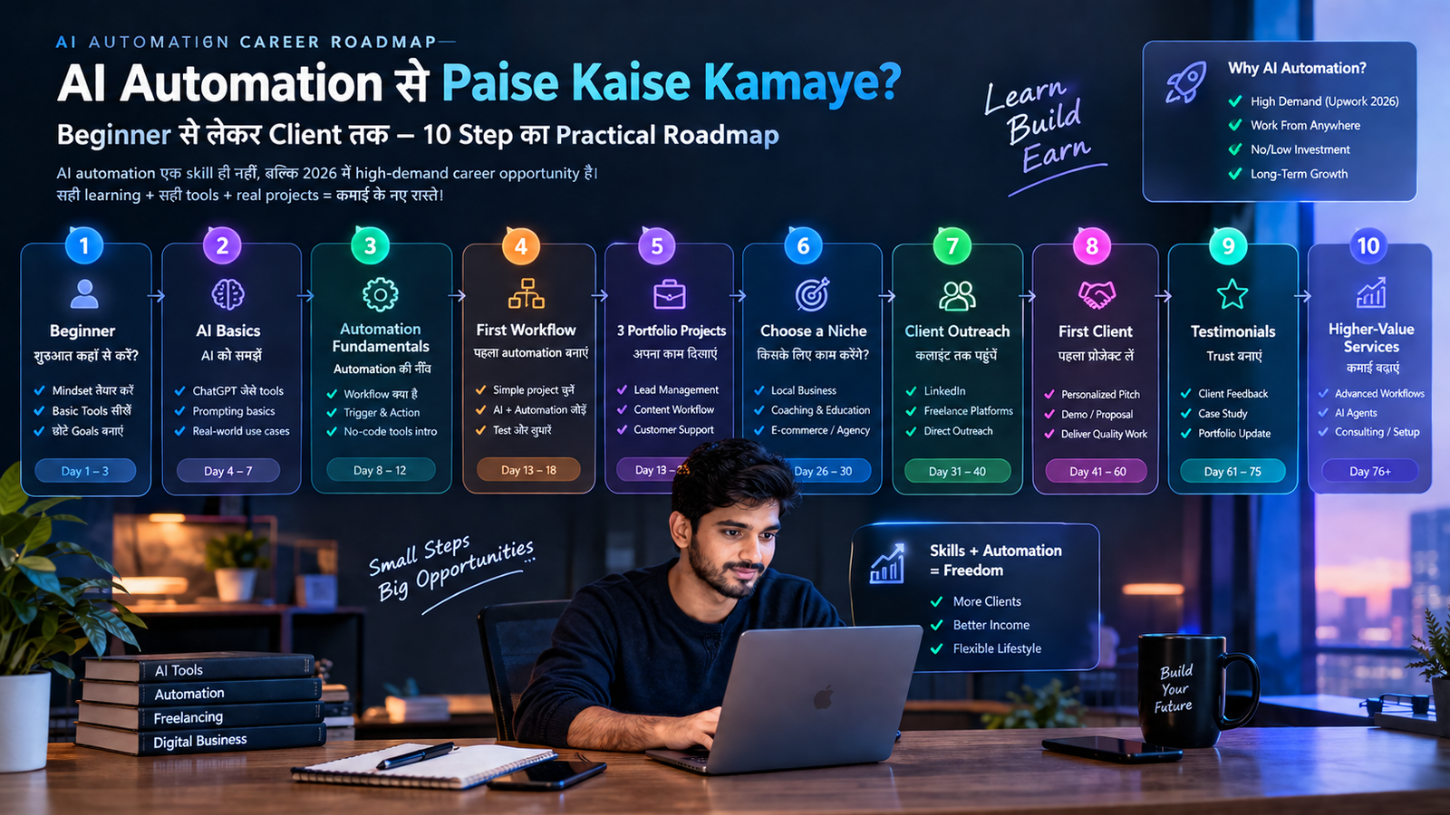 AI automation earning roadmap from beginner to first client 2026