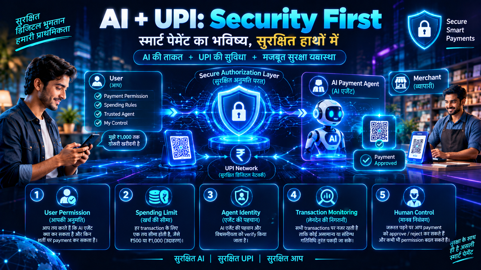 AI UPI payment security, user permission, spending limit और human control